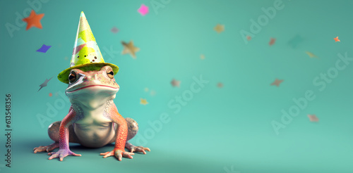 Fototapeta Naklejka Na Ścianę i Meble -  Creative animal concept. Frog toad in party cone hat necklace bowtie outfit isolated on solid pastel background advertisement, copy text space. birthday party invite invitation 