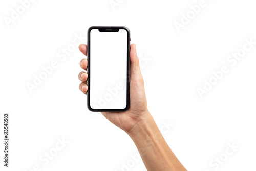 Hand business man holding mobile smartphone with blank screen with space for inserting advertising text. isolated on white background with clipping path