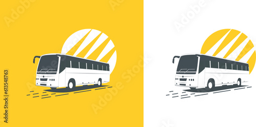 Black and white bus in yellow background.