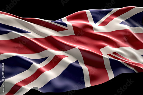 Flag of Great Britan being waved in the breeze against a sunset sky.. Generative AI. photo