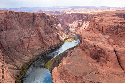 Panoramic aerial view of Horseshoe bend on the Colorado river near Page in summer, Arizona, USA United States of America. Incised intrenched meanders of stream in Glen Canyon National Recreation Area