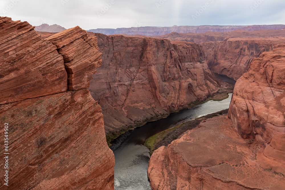Panoramic aerial view of Horseshoe bend on the Colorado river near Page in summer, Arizona, USA United States of America. Incised intrenched meanders of stream in Glen Canyon National Recreation Area