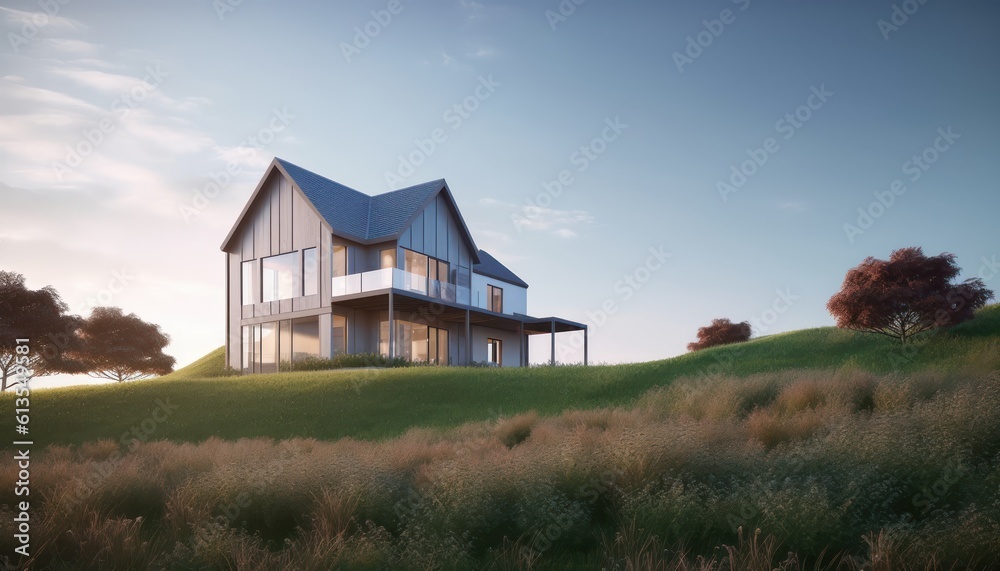 Fototapeta premium Modern farmhouse on meadow hill for real estate concept.3d rendering