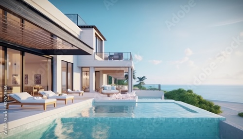 Luxury beach house with sea view swimming pool and terrace at vacation.3d rendering © Eli Berr
