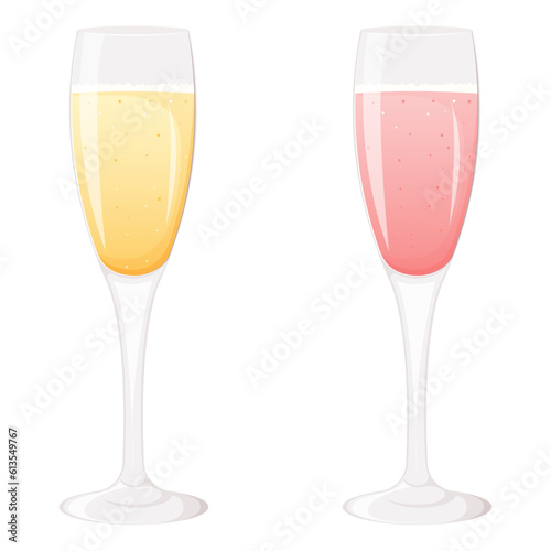 Pink and classic glass of champagne isolated on white background.