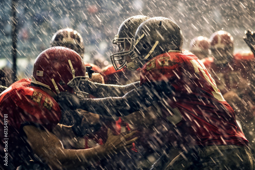 Rain-soaked gridiron showdown: Two teams battle for victory in the pouring rain. Generative AI photo