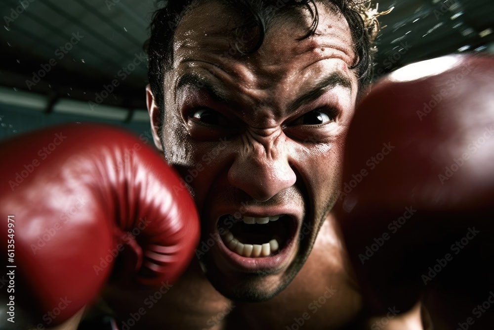 The intensity and concentration of a male boxer as he throws a powerful punch in the boxing ring. Generative AI