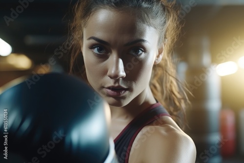 The focus and precision of a female athlete as she practices boxing techniques at the gym. Generative AI
