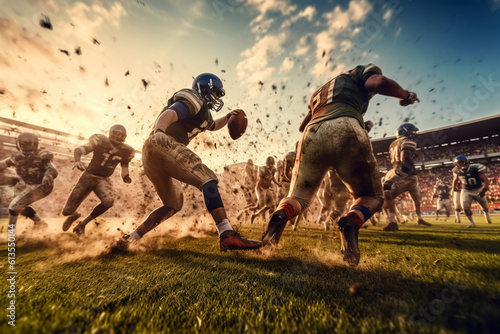 Sunset spectacle on the football field: Players attack to score touchdowns. Generative AI photo