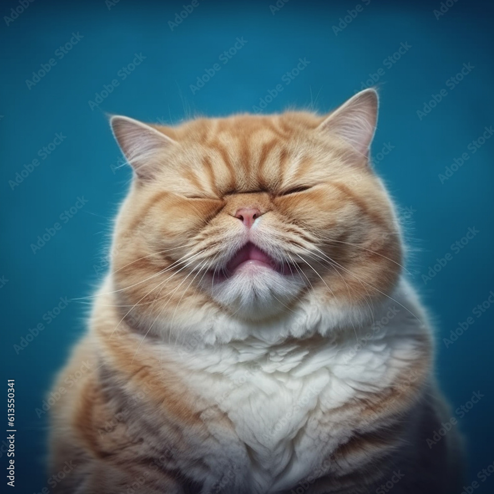 Muzzle of a chubby cat isolated on a blue background. Cute cat with a charming smile and a cheerful look. Always hungry