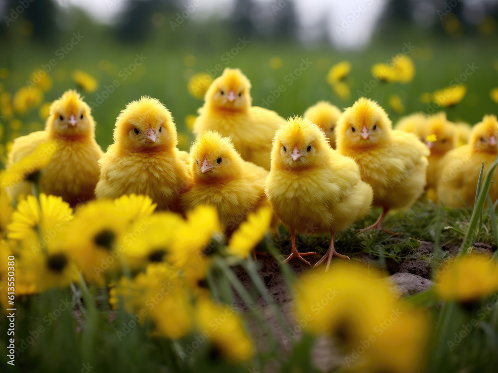 Yellow chickens in a field among yellow dandelions