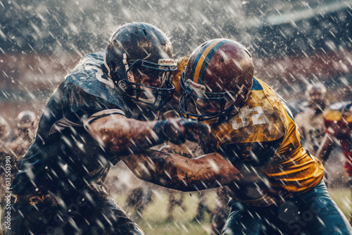 Thunderous football clash: Players endure the rain to score crucial touchdowns. Generative AI photo