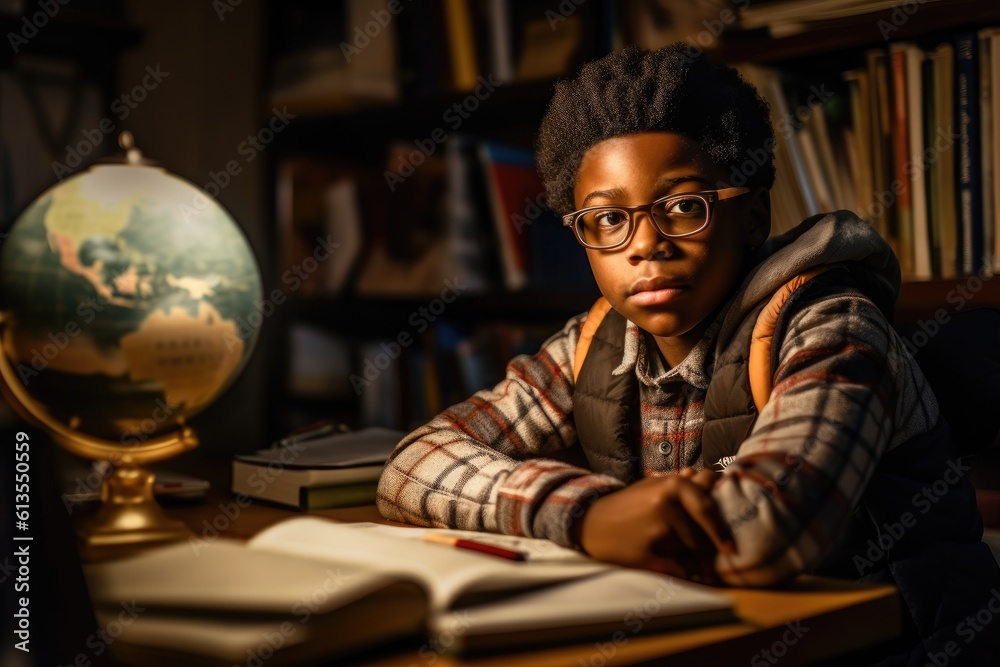 Environmental portrait of a african american boy student sitting at a desk in a classroom, surrounded by books and school supplies. Generative AI