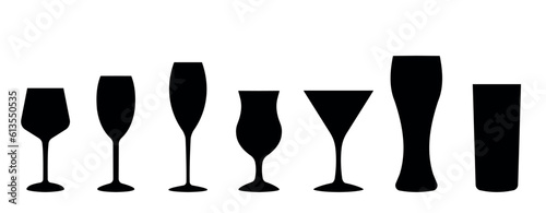 Set of glass silhouette. glass of wine, alcohol cocktail,  glass icons.  set of alcohol glasses, drink black icon