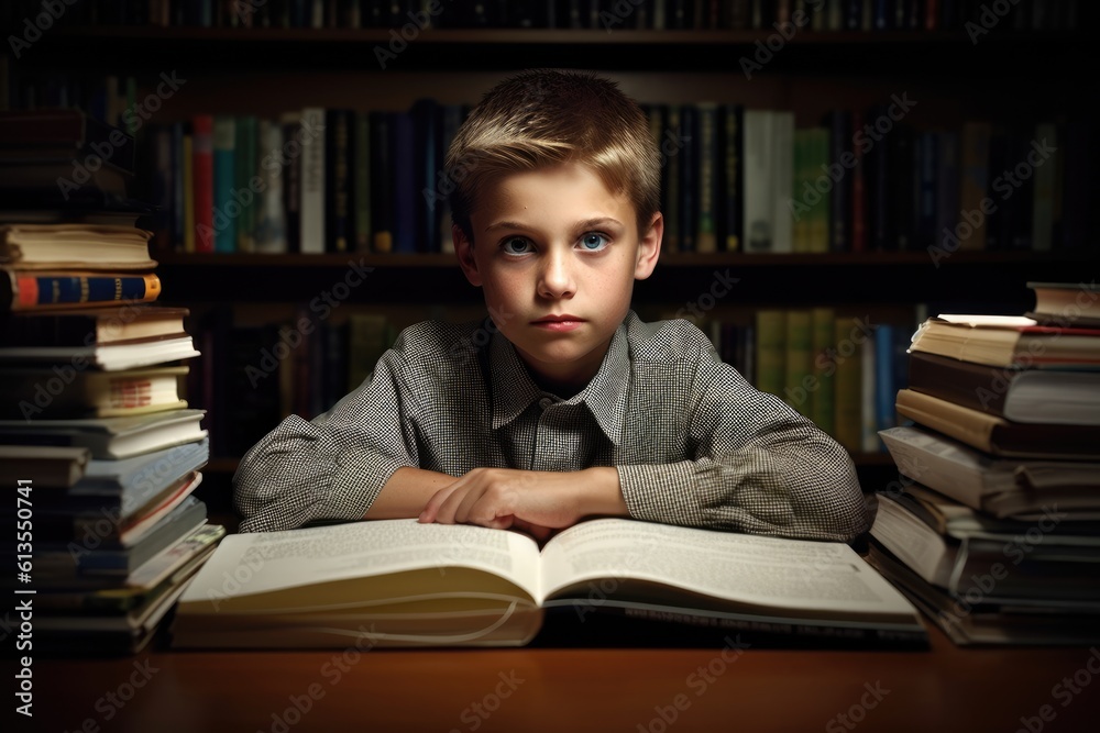 Environmental portrait of a caucasian boy student sitting at a desk in a classroom, surrounded by books and school supplies. Generative AI Environmental portrait of a caucasian boy student sitting at a desk in a classroom, surrounded by books and school supplies. Generative AI