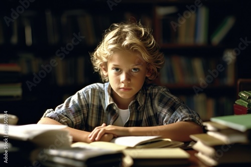 Environmental portrait of a caucasian boy student sitting at a desk in a classroom, surrounded by books and school supplies. Generative AI