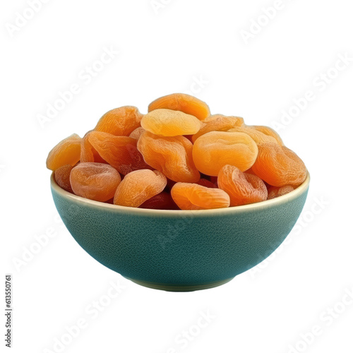 Dried Apricot fruit in a bowl isolated on white, Generative AI
