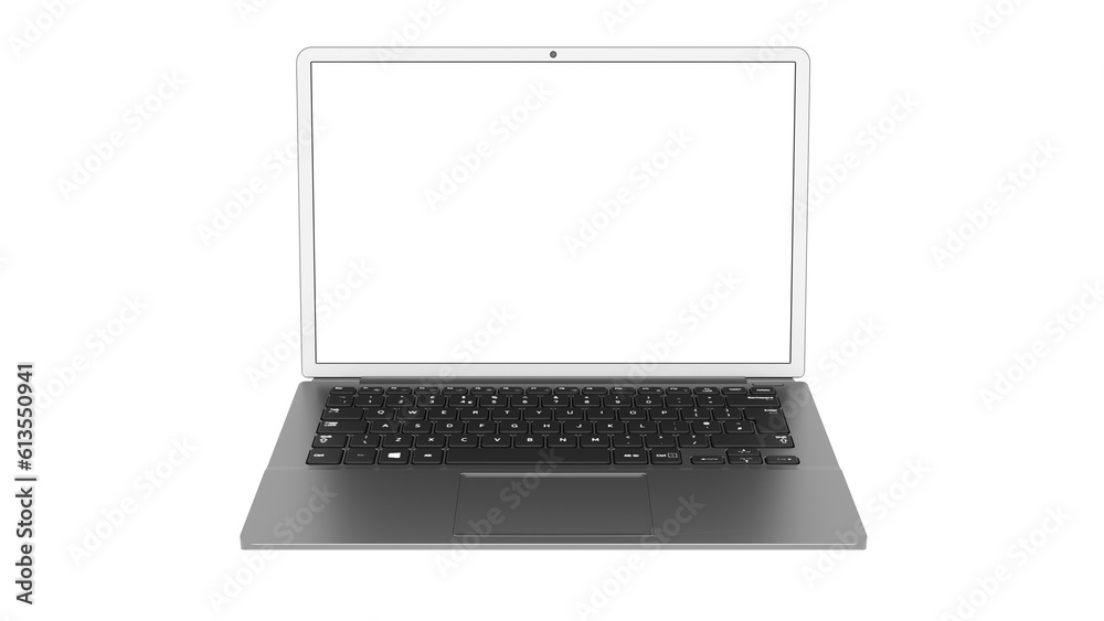 An isolated gray laptop with a blank screen for inserting images. Isolate. 3D render. An isolated gray laptop with a blank screen for inserting images. Isolate. 3D render.