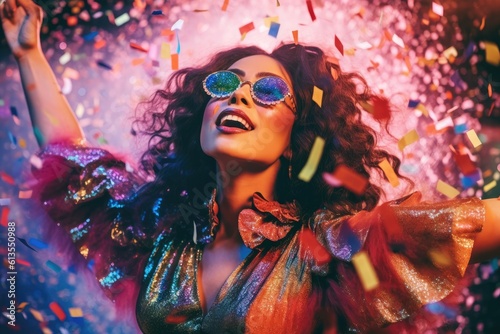 Fotobehang An image of a woman wearing a playful and whimsical New Year's costume, featuring a multi - colored tutu, a sequin top, and oversized party glasses