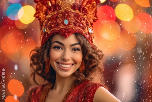 The enchanting beauty of a woman dressed in a lively and colorful New Year's costume against a vibrant backdrop in a studio setting. Generative AI