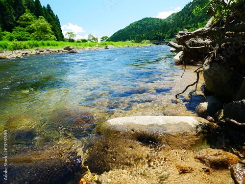 July 30, 2022 Nagataki, Gujo City, Gifu Prefecture, Japan, view from the Nagara River