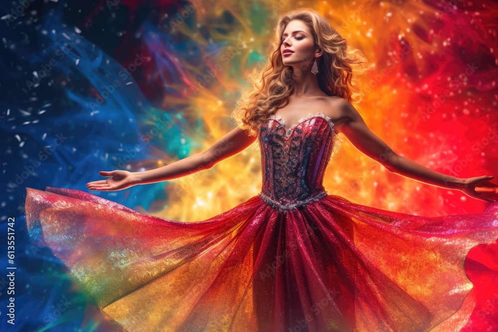 The enchanting beauty of a woman dressed in a lively and colorful New Year's costume against a vibrant backdrop in a studio setting. Generative AI The enchanting beauty of a woman dressed in a lively and colorful New Year's costume against a vibrant backdrop in a studio setting. Generative AI