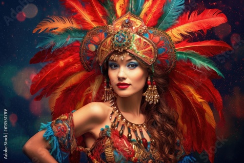 The enchanting beauty of a woman dressed in a lively and colorful New Year's costume against a vibrant backdrop in a studio setting. Generative AI
