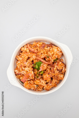 Typical portuguese dish rice with octopus in bowl