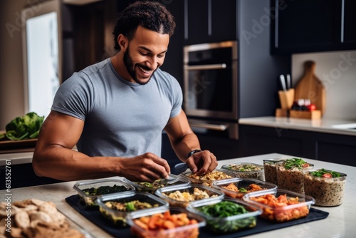A lifestyle shot of a man enjoying a homemade meal prep with containers filled with nutritious and portioned meals. Generative AI photo