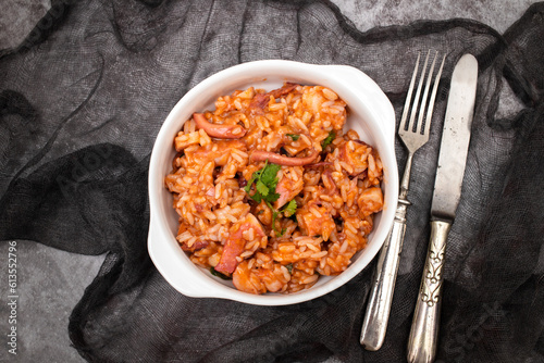 Typical portuguese dish rice with octopus in bowl