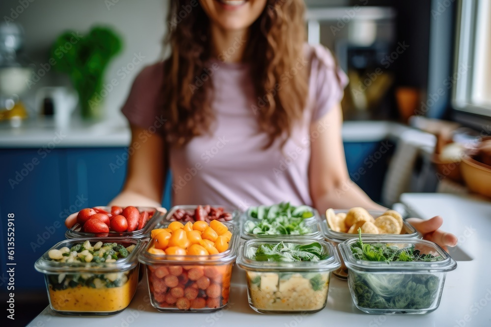 A lifestyle shot of a woman enjoying a homemade meal prep with containers filled with nutritious and portioned meals. Generative AI