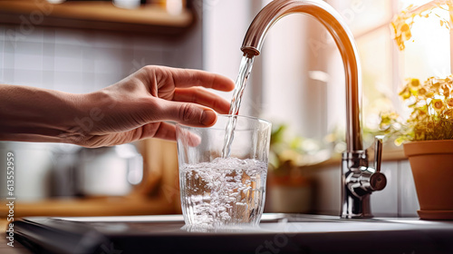 Valokuva Water Source in the Kitchen: Glass Cup Filled from Tap with Clean Water - Genera