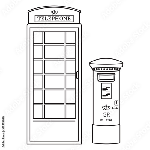 London postal street mailbox and telephone booth, black outline, doodle style, isolated vector illustration