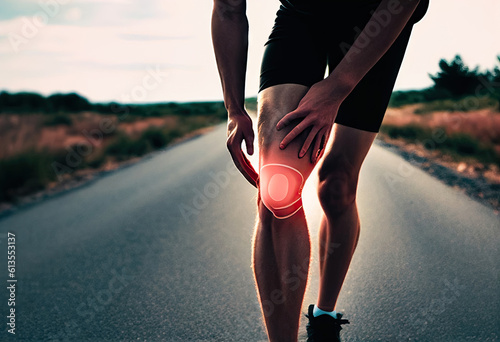 Fotografie, Obraz human Illustrating Knee Pain on the Pathway - Generative AI
