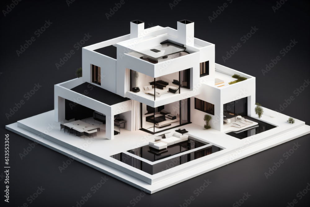 3D Miniature modern Luxury House on Black background 3D Miniature modern Luxury House on Black background