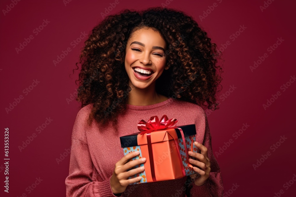 An engaging Black Friday promotion with a captivating photograph of a smiling woman model showcasing a gift box in a studio setting. Generative AI An engaging Black Friday promotion with a captivating photograph of a smiling woman model showcasing a gift box in a studio setting. Generative AI