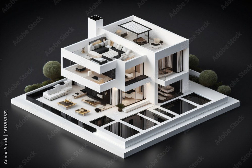 3D Miniature modern Luxury House on Black background 3D Miniature modern Luxury House on Black background