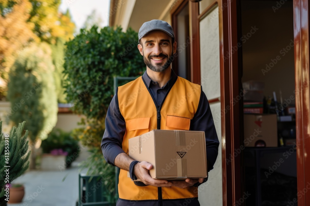 Photo of a courier delivering a package to a residential address. Generative AI Photo of a courier delivering a package to a residential address. Generative AI