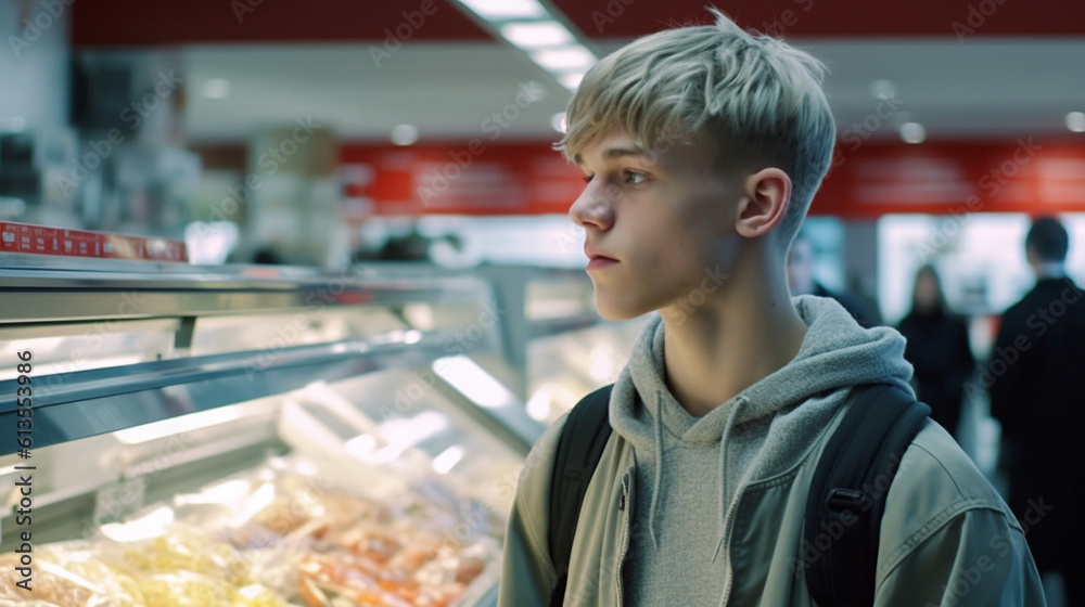 teenager boy shopping for groceries, living independently or family shopping in the supermarket, product shelf with products, at the butcher in the supermarket, meat sausage and cheese