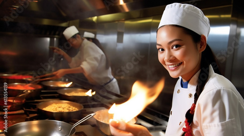 young asian cook cook with many pots and a flame,. canteen kitchen with many hotplates, asian dish, fictitious location