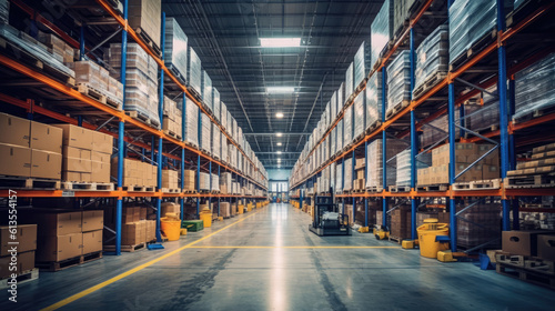 Massive Industrial Warehouse with High Shelves, Cardboard Boxes and Forklift. Distribution Center Storage Facility Interior. Shipping and Logistics System.