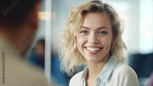 everyday life  at work or waiting room or office  busy crowd  young adult woman with medium length blonde hair  having fun and joy  smiling  having a conversation talking