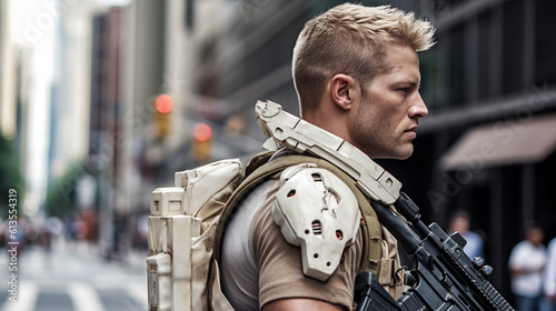 an armed man, AI combat suit support, in a city, caucasian, machine gun, fictional event © wetzkaz