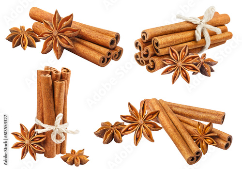 Collection of delicious cinnamon sticks and star anise, cut out photo