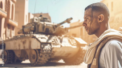 modern war, fictional country, a tank rolls on the street, war zone or civil war, fictional
