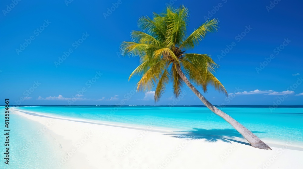 Illustration image, beach scene with crystal-clear turquoise waters, powdery white sand, palm leaves, sparkling waves and blue sunny sky, with copy space, Generative AI illustration