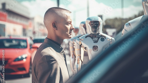 a man inspecting a robot ar...