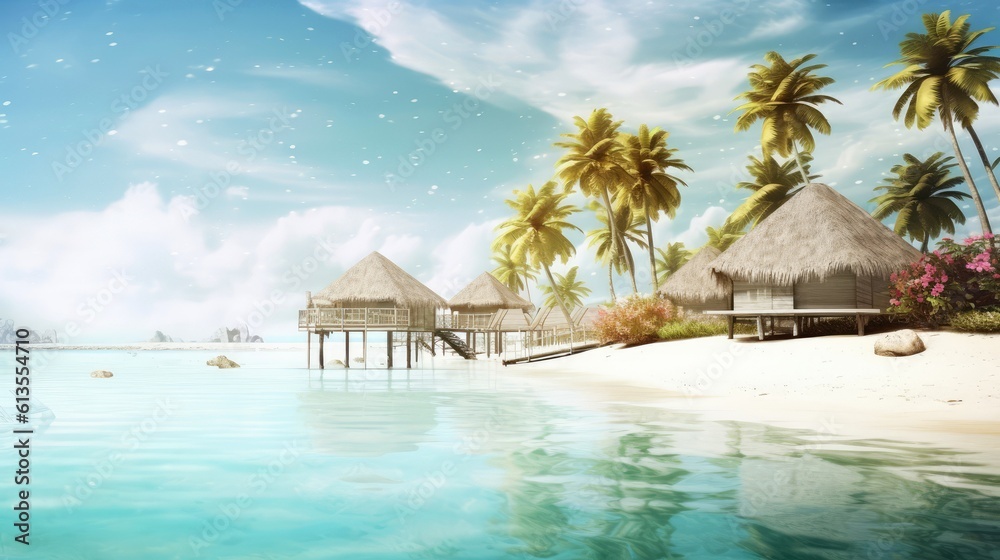Obraz premium Illustration image, beach scene with crystal-clear turquoise waters, powdery white sand, palm leaves, sparkling waves and blue sunny sky, with copy space, Generative AI illustration