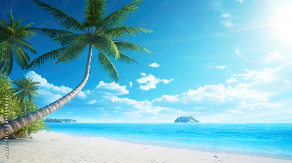 Illustration image, beach scene with crystal-clear turquoise waters, powdery white sand, palm leaves, sparkling waves and blue sunny sky, with copy space, Generative AI illustration Illustration image, beach scene with crystal-clear turquoise waters, powdery white sand, palm leaves, sparkling waves and blue sunny sky, with copy space, Generative AI illustration