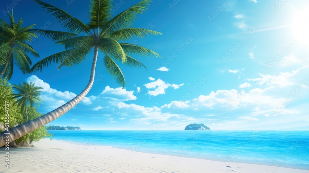 Illustration image, beach scene with crystal-clear turquoise waters, powdery white sand, palm leaves, sparkling waves and blue sunny sky, with copy space, Generative AI illustration